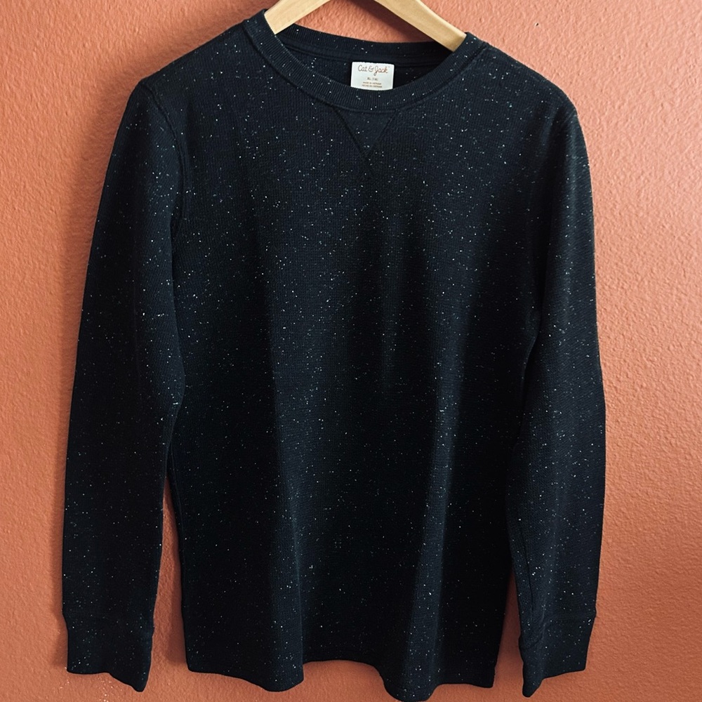 Cat & Jack Crew Neck Black Speckled Waffled Long Sleeves Tee Size XL 16